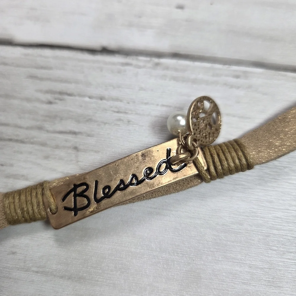 Gold-Tone 'Blessed' Leather Boho Wrap Bracelet with Pearl Charm